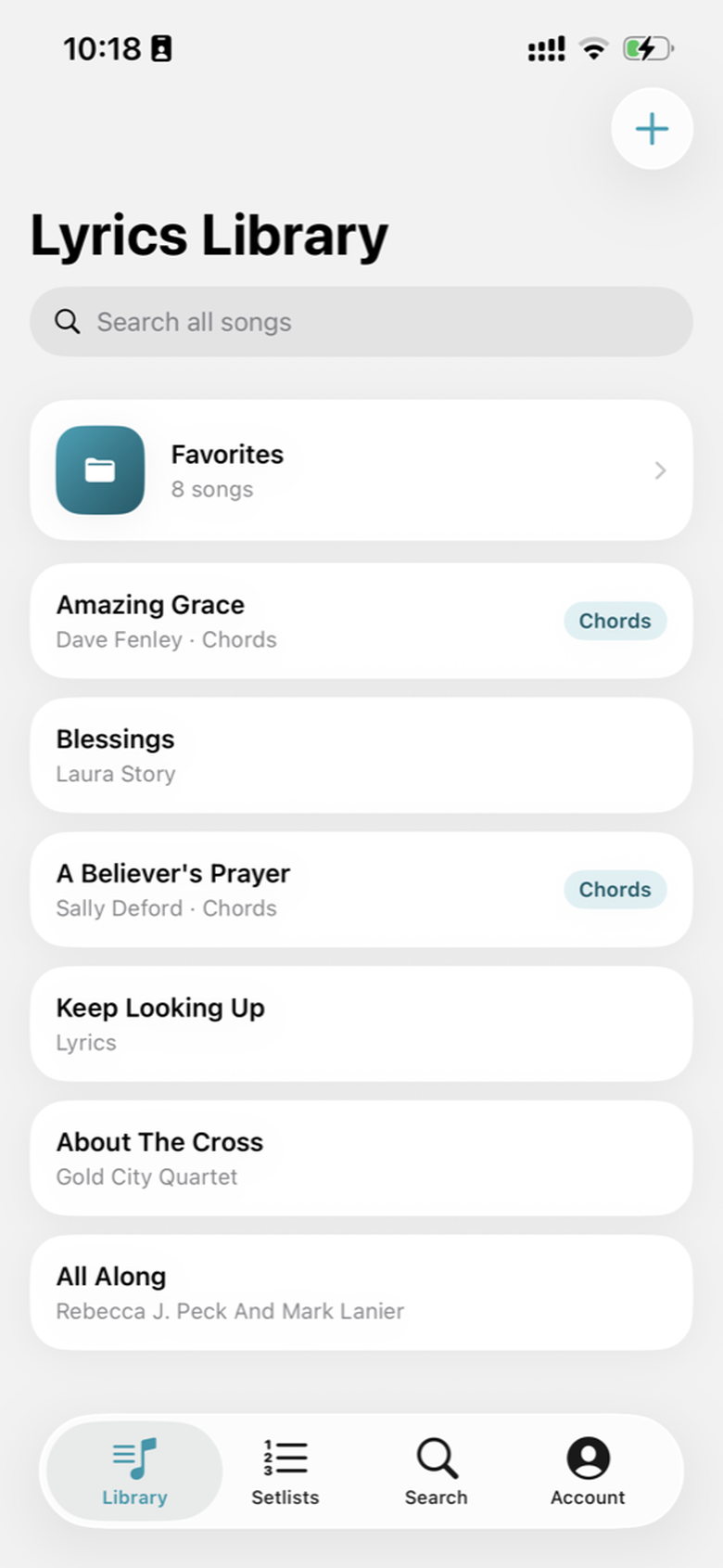 Lyrics Library on iPhone, showing the Library tab with Amazing Grace and other songs